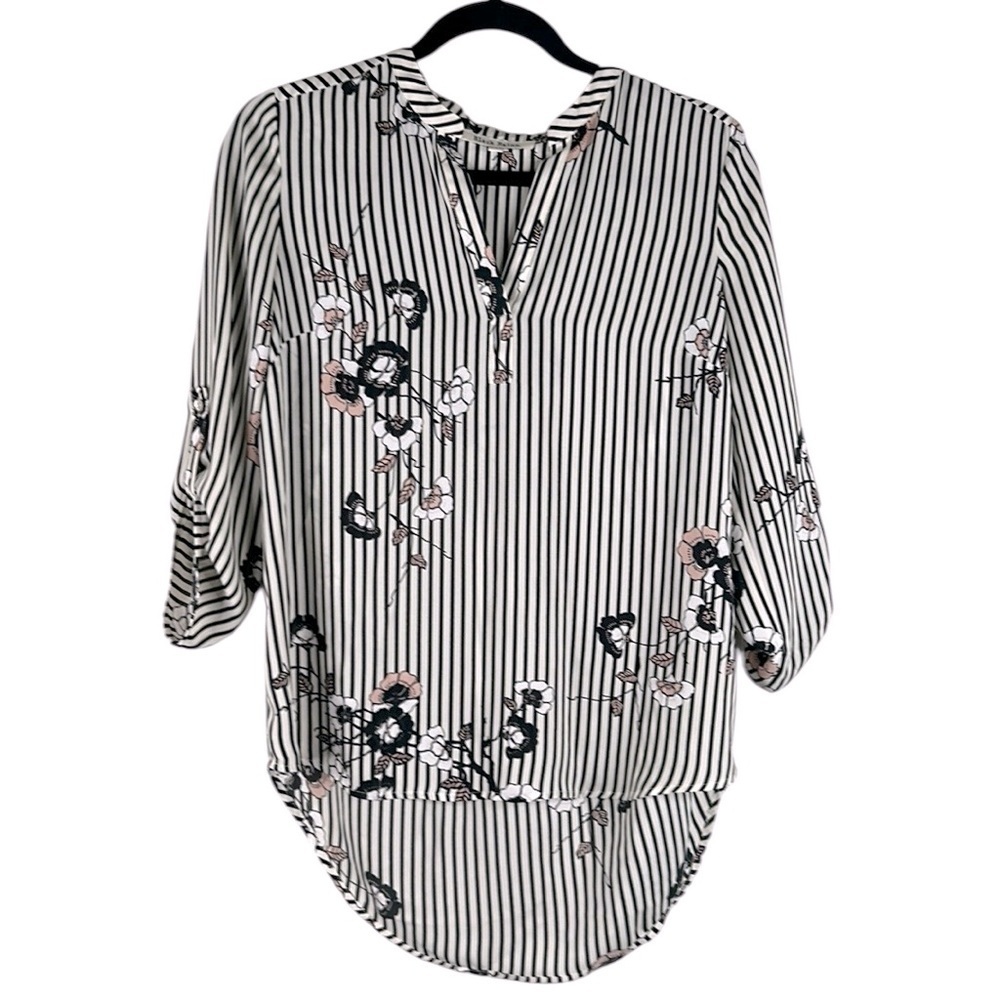 Black Rainn Black & Cream Stripe Floral High Low Casual 3/4 Sleeve Top Size S
